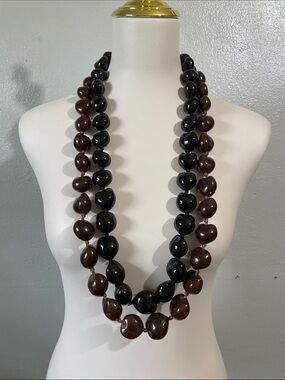 Dark Academia 2 Pc Natural Bead Necklace Set Brown Black Ribbon Tie Statement